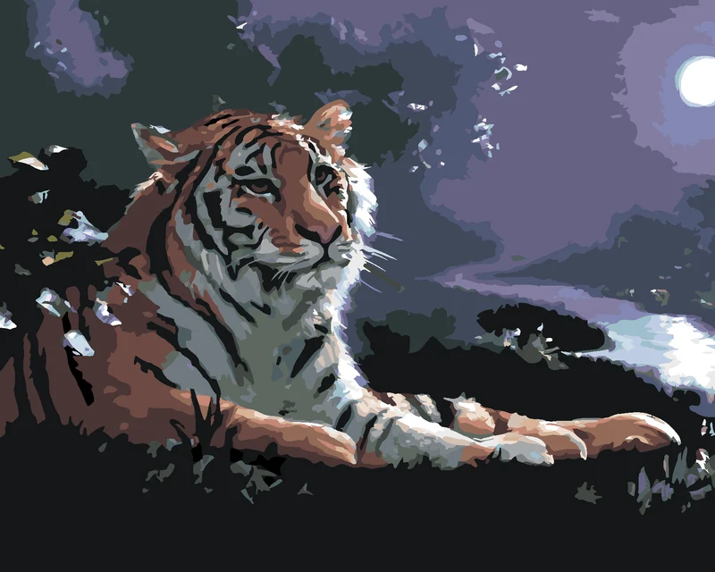 Diamond painting - LIEGENDER TIGER, FLUSS UND VOLLMOND (D. RUSTY RUST)