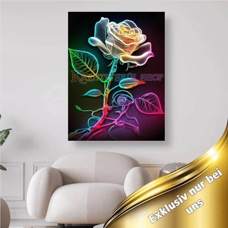 Weisse Rose mit regenbogenfarbigen Stiel - 5D DIY Diamond Painting