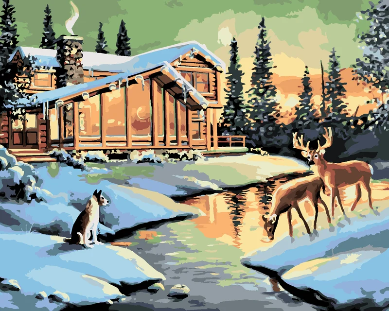 Diamond painting - HIRSCHKUH, HIRSCH UND HUND BEI DER BLOCKHÜTTE (D. RUSTY RUST)