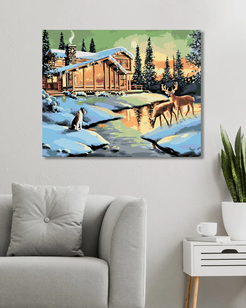 Diamond painting - HIRSCHKUH, HIRSCH UND HUND BEI DER BLOCKHÜTTE (D. RUSTY RUST)