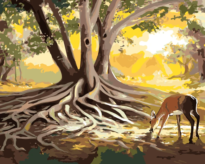 Diamond painting - HIRSCHKUH AN DER WURZEL EINES BAUMES (D. RUSTY RUST)