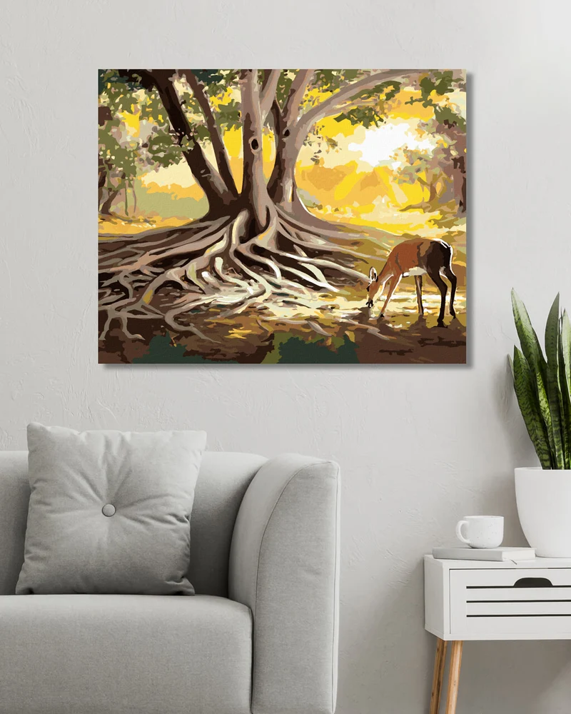 Diamond painting - HIRSCHKUH AN DER WURZEL EINES BAUMES (D. RUSTY RUST)