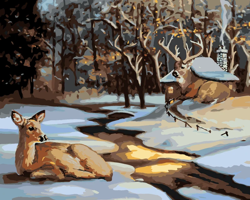 Diamond painting - HIRSCHKUH UND HIRSCH BEIM SCHNEEBEDECKTEM HAUS (D. RUSTY RUST)