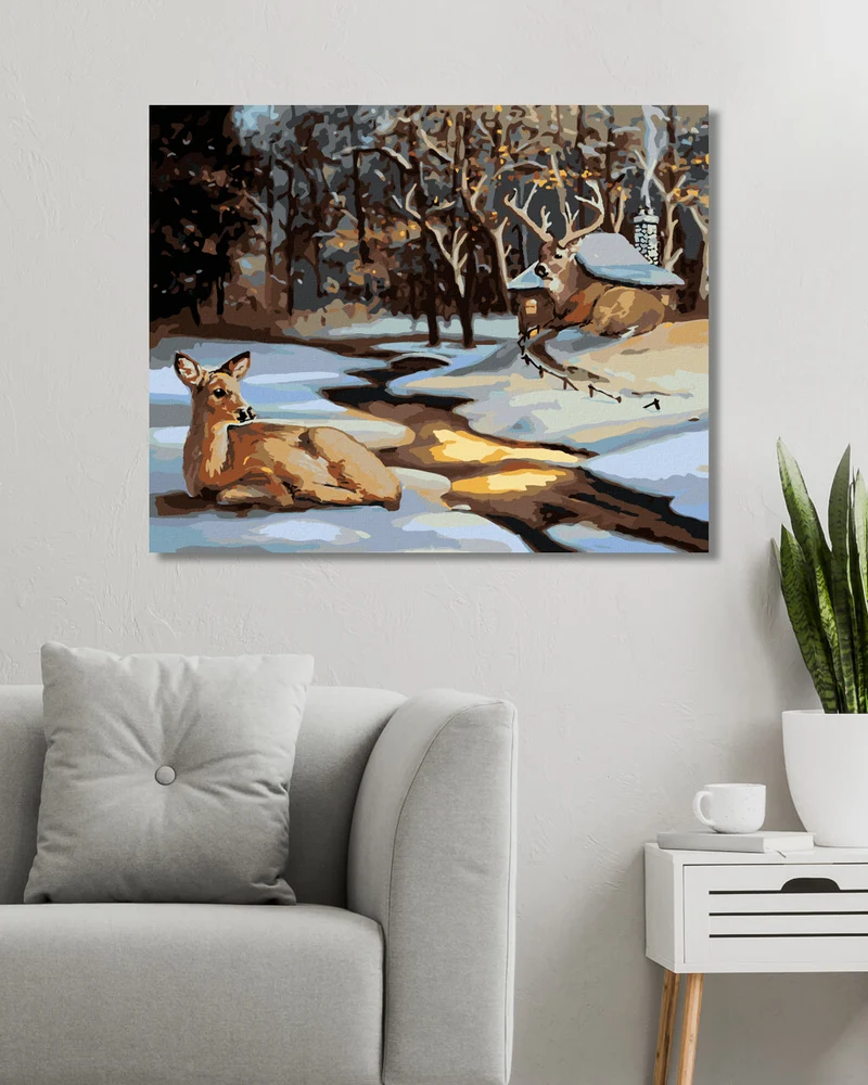 Diamond painting - HIRSCHKUH UND HIRSCH BEIM SCHNEEBEDECKTEM HAUS (D. RUSTY RUST)