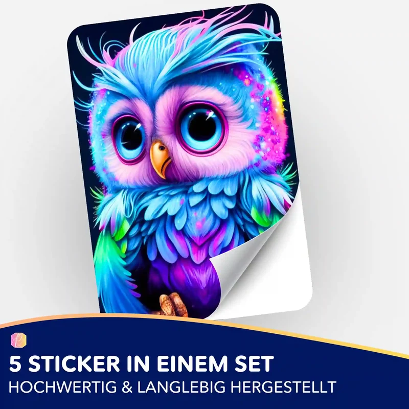 Aufkleber 5er-Set - Kleine bunte Eule im Rausch der Farben