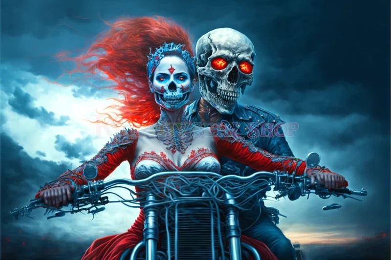 Geisterpaar mit roten Augen auf Motorrad - 5D DIY Diamond Painting