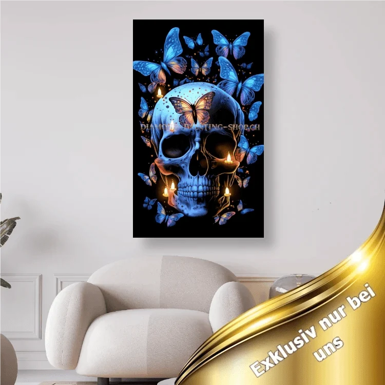Blauer Schädel mit Schmetterlingen - 5D DIY Diamond Painting