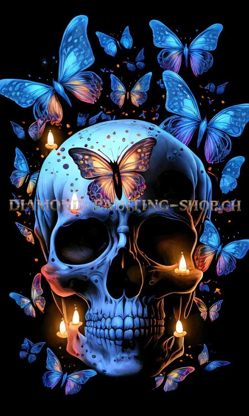 Blauer Schädel mit Schmetterlingen - 5D DIY Diamond Painting