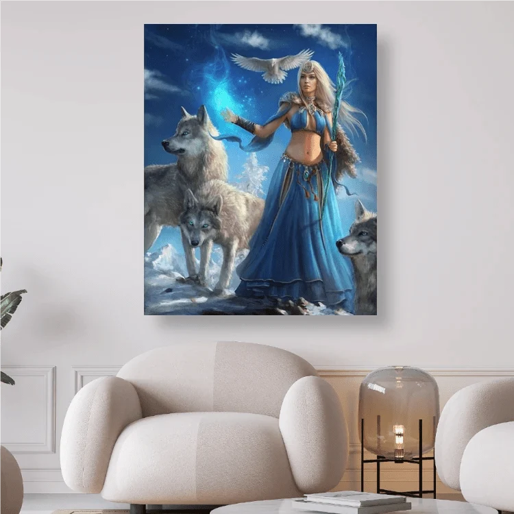 Nymphe mit blauem Kleid und Wölfen - 5D DIY Diamond Painting