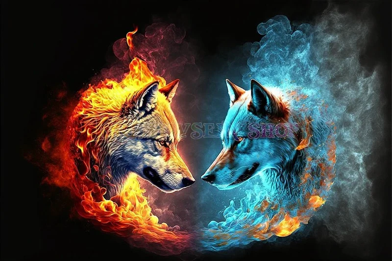 Wolfsköpfe Feuer Wasser - 5D DIY Diamond Painting