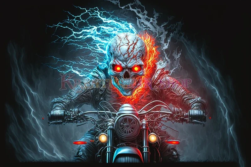 Skelett mit roten Augen auf Motorrad - 5D DIY Diamond Painting