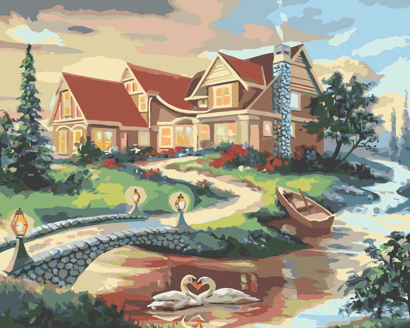Diamond painting - SCHWÄNE, BRÜCKE UND HAUS (D. RUSTY RUST)