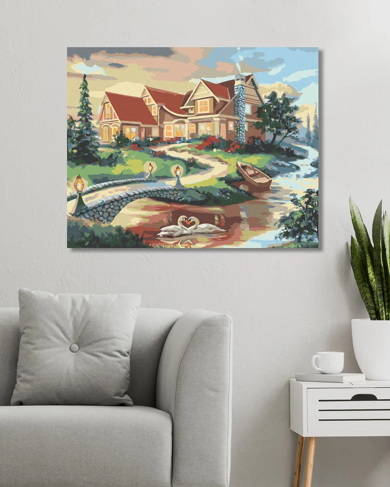 Diamond painting - SCHWÄNE, BRÜCKE UND HAUS (D. RUSTY RUST)