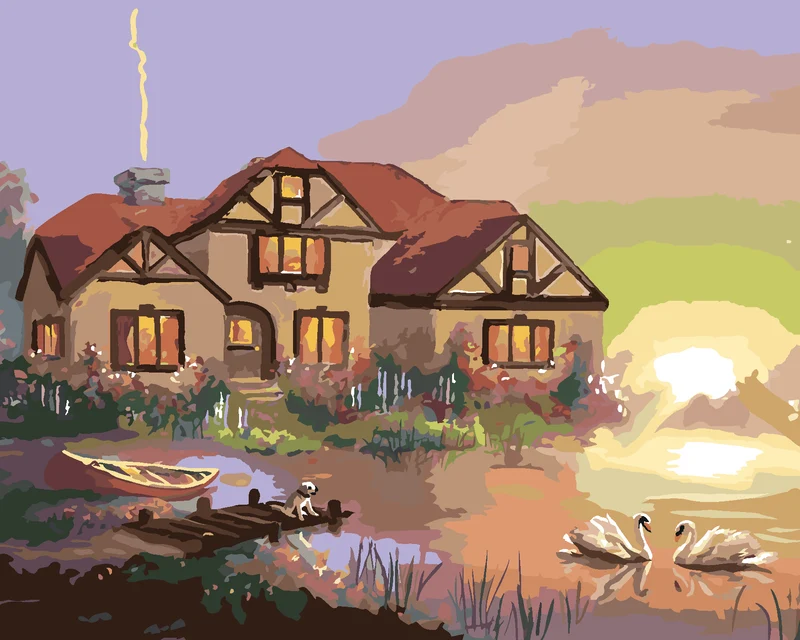 Diamond painting - SCHWÄNE, HAUS UND SONNENUNTERGANG (D. RUSTY RUST)