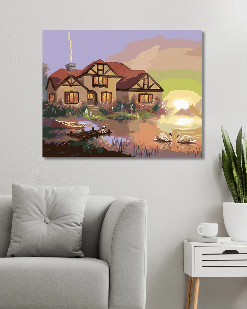 Diamond painting - SCHWÄNE, HAUS UND SONNENUNTERGANG (D. RUSTY RUST)