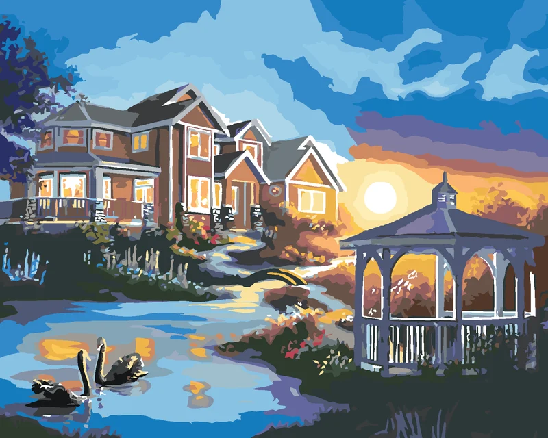 Diamond painting - SCHWÄNE, PAVILLON AM HAUS UND SONNENUNTERGANG (D. RUSTY RUST)