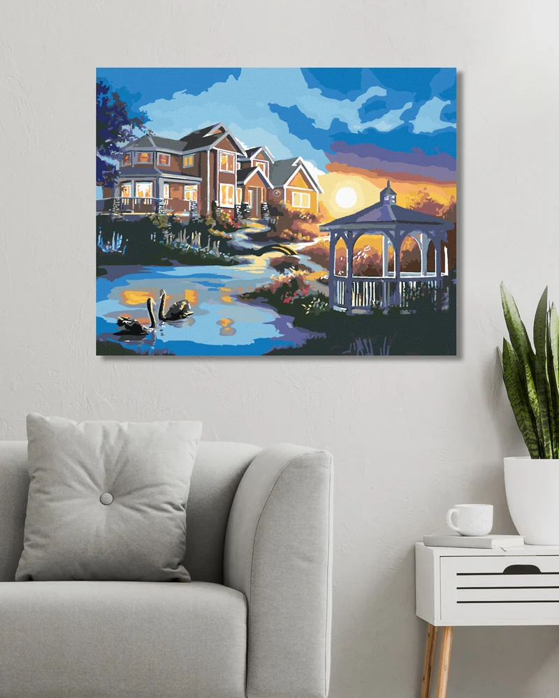 Diamond painting - SCHWÄNE, PAVILLON AM HAUS UND SONNENUNTERGANG (D. RUSTY RUST)