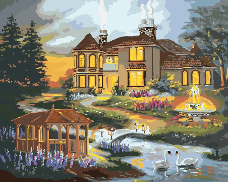 Diamond painting - SCHWÄNE, PAVILLON UND BRUNNEN AM HAUS (D. RUSTY RUST)