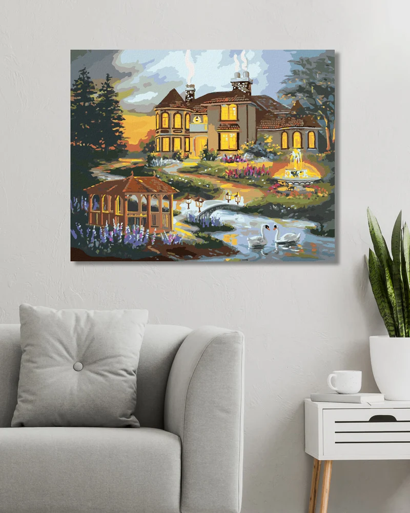 Diamond painting - SCHWÄNE, PAVILLON UND BRUNNEN AM HAUS (D. RUSTY RUST)