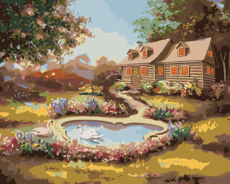 Diamond painting - SCHWÄNE, BLUMEN UND HAUS (D. RUSTY RUST)