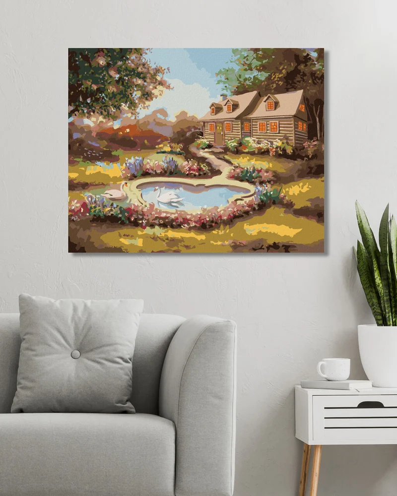 Diamond painting - SCHWÄNE, BLUMEN UND HAUS (D. RUSTY RUST)