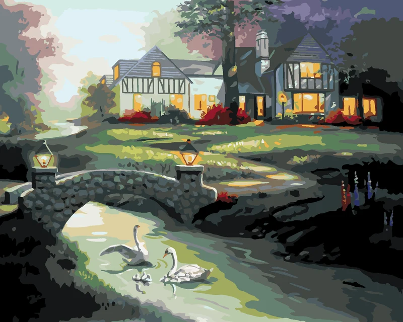 Diamond painting - SCHWÄNE AUF DEM FLUSS UND HAUS (D. RUSTY RUST)