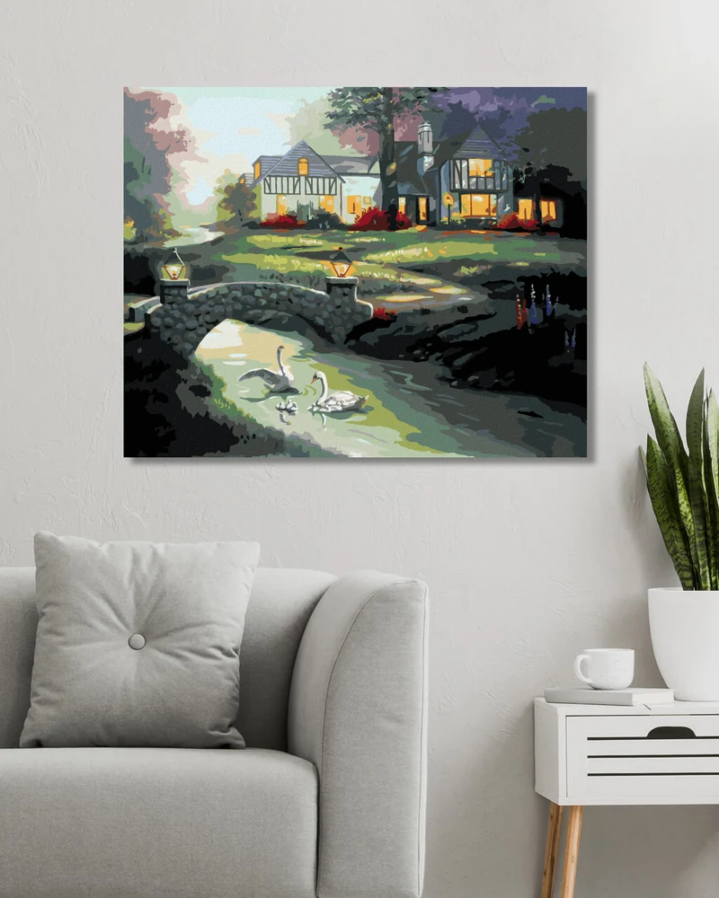 Diamond painting - SCHWÄNE AUF DEM FLUSS UND HAUS (D. RUSTY RUST)