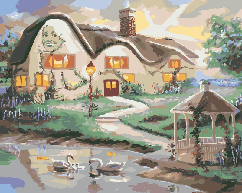 Diamond painting - SCHWÄNE AUF DEM SEE UND HAUS MIT PAVILLON (D. RUSTY RUST)