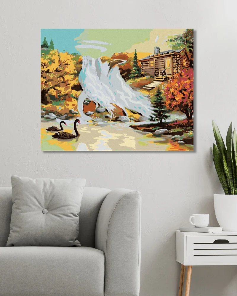 Diamond painting - SCHWÄNE AUF EINEM SEE UND HÜTTE (D. RUSTY RUST)