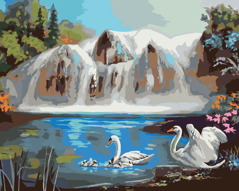 Diamond painting - SCHWÄNE AUF EINEM SEE UND WASSERFALL (D. RUSTY RUST)