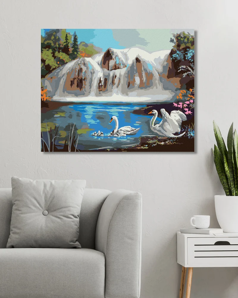 Diamond painting - SCHWÄNE AUF EINEM SEE UND WASSERFALL (D. RUSTY RUST)