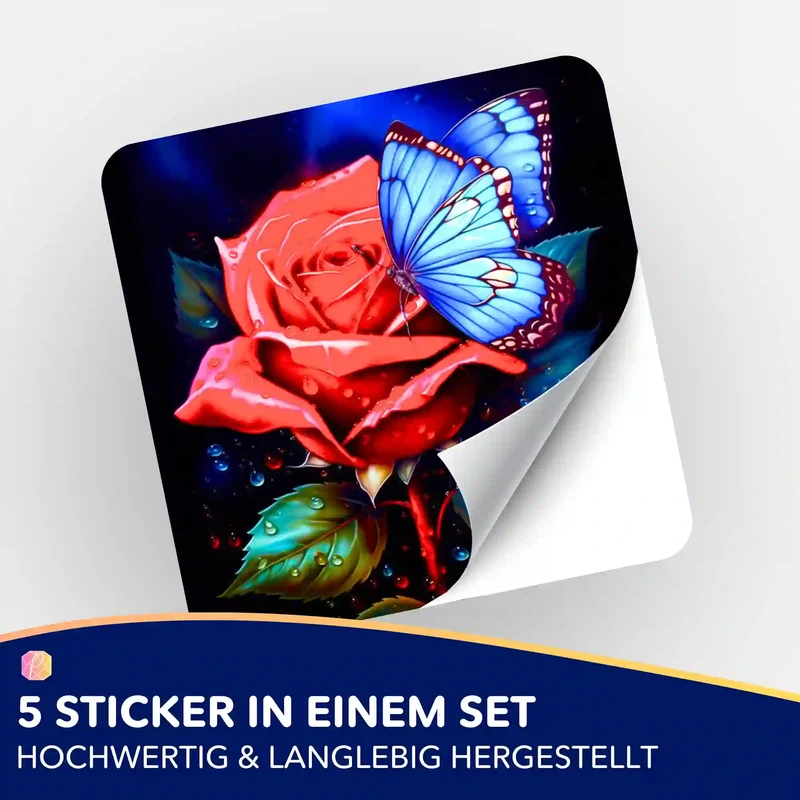 Aufkleber 5er-Set - Rote Rose trifft blauen Schmetterling