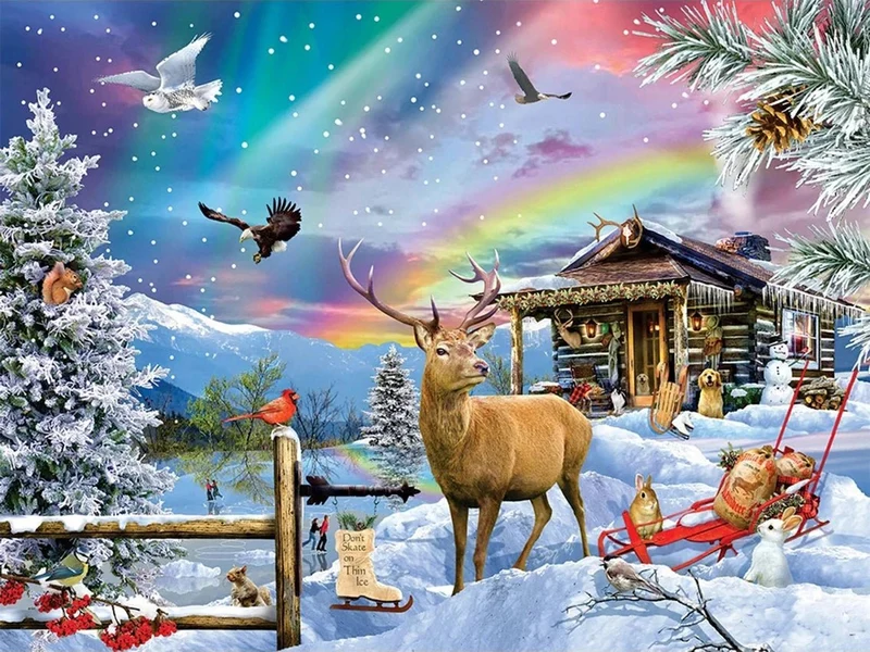 Tiere im Winter mit Forsthaus - Voll AB 5D DIY Diamond Painting