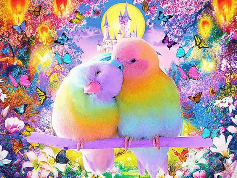 Liebesvögel vor dem Dornröschenschloss - Voll AB 5D DIY Diamond Painting