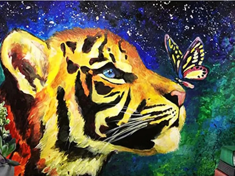 Kleiner Tiger mit Schmetterling - Voll AB 5D DIY Diamond Painting
