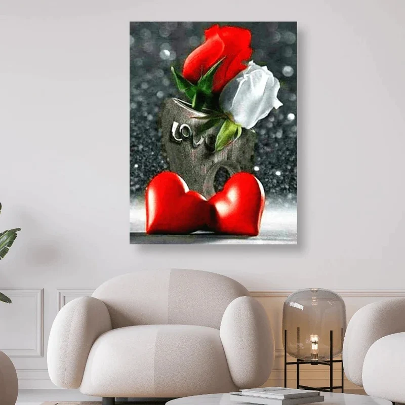 I Love You zwei Rosen und zwei rote Herzen - 5D DIY Diamond Painting