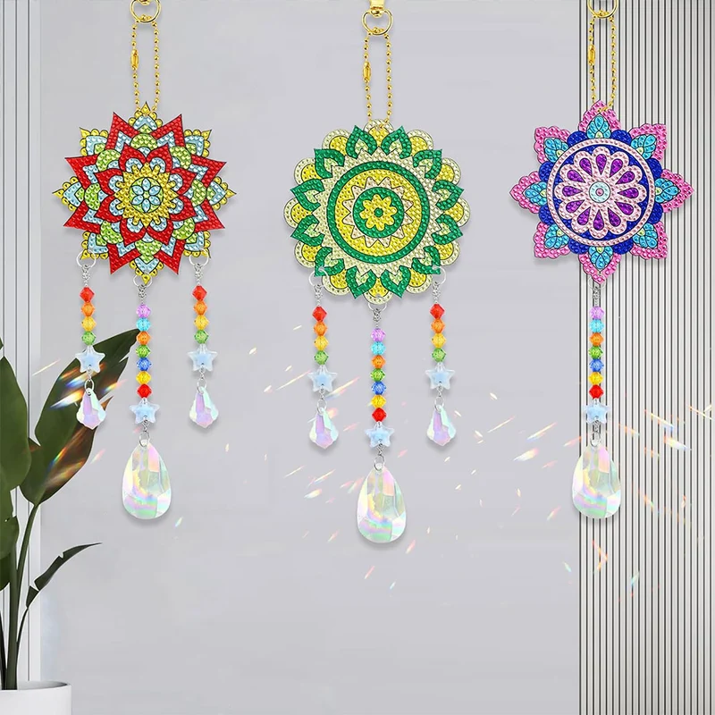5D Diamond Painting Kristall-Windspiel – Mandala-Trio in Regenbogenfarben