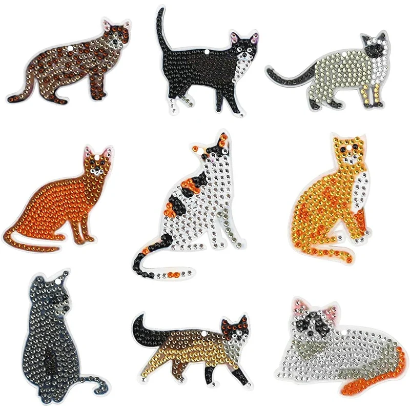 5D Diamond Painting Schlüsselanhänger Katzen 9 Stück