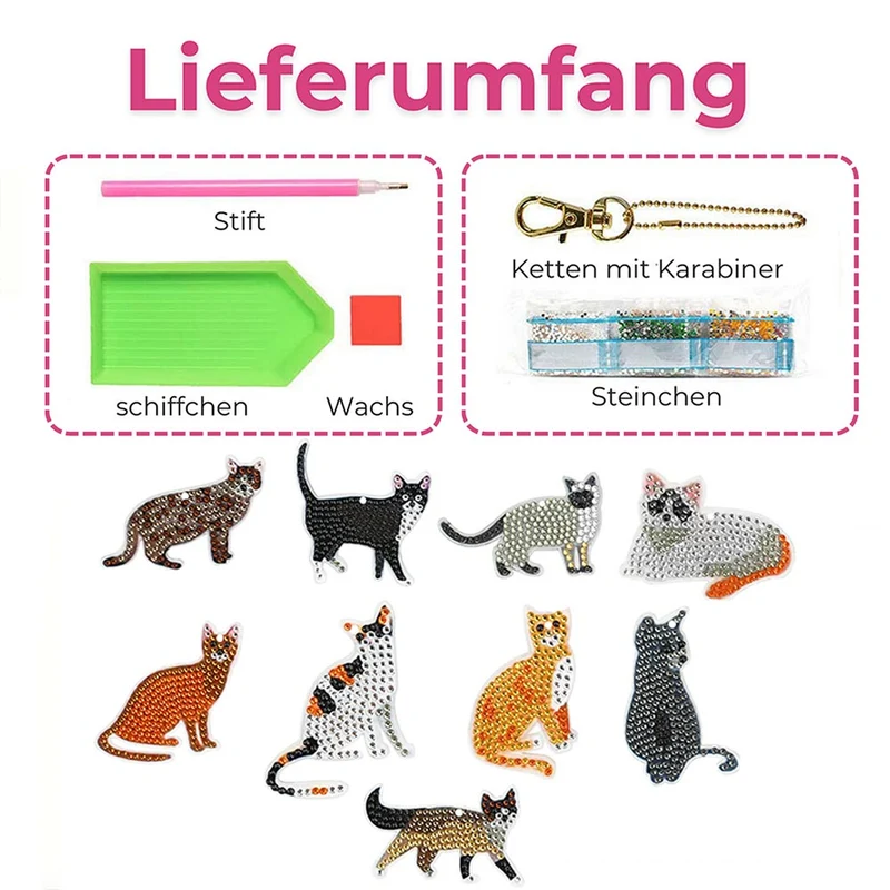 5D Diamond Painting Schlüsselanhänger Katzen 9 Stück