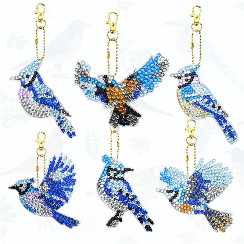 5D Diamond Painting Schlüsselanhänger Vögel 6 Stück