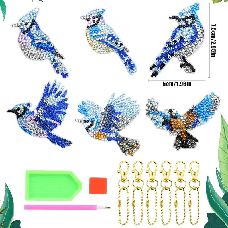 5D Diamond Painting Schlüsselanhänger Vögel 6 Stück