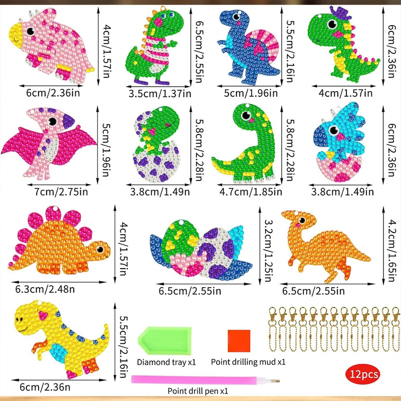 5D Diamond Painting Schlüsselanhänger Dinosaurier 12 Stück