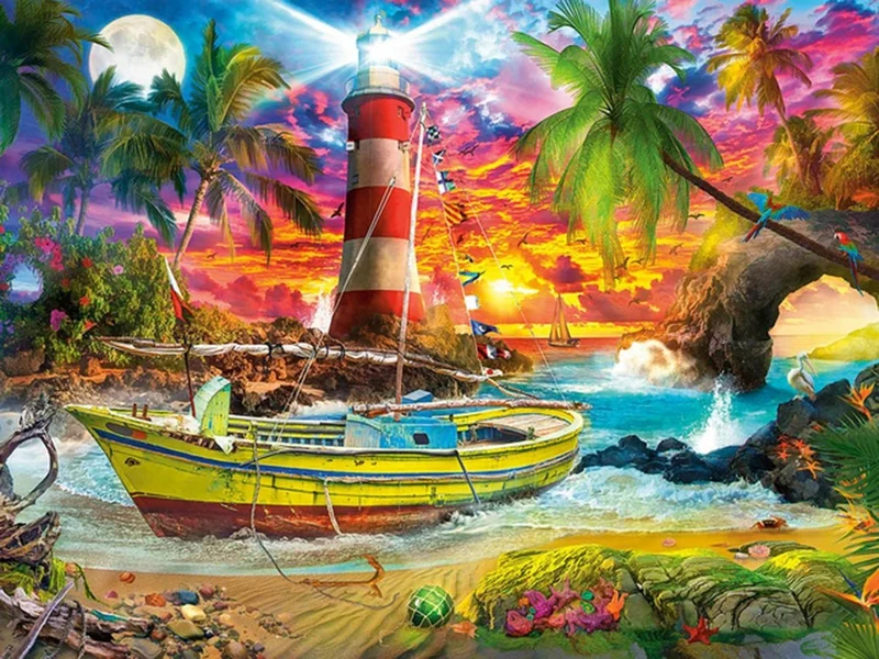 Der Leuchtturm und das Boot - Voll AB 5D DIY Diamond Painting