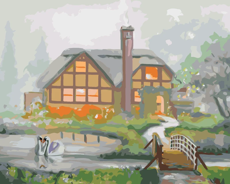Diamond painting - SCHWÄNE UND HAUS IM NEBEL (D. RUSTY RUST)