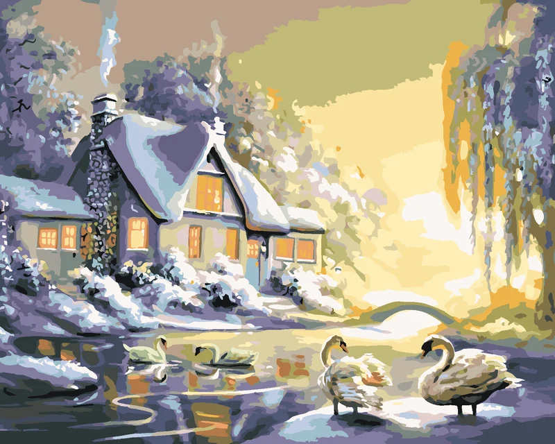 Diamond painting - SCHWÄNE UND HAUS IM WINTER (D. RUSTY RUST)