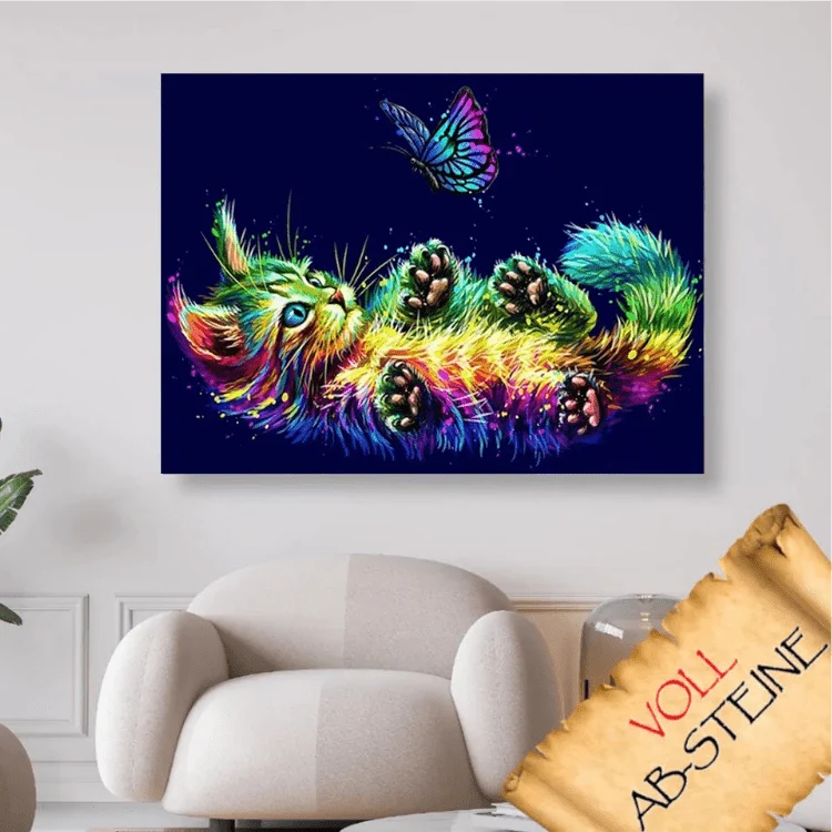 Buntes Kätzchen mit Schmetterling - Voll AB 5D DIY Diamond Painting