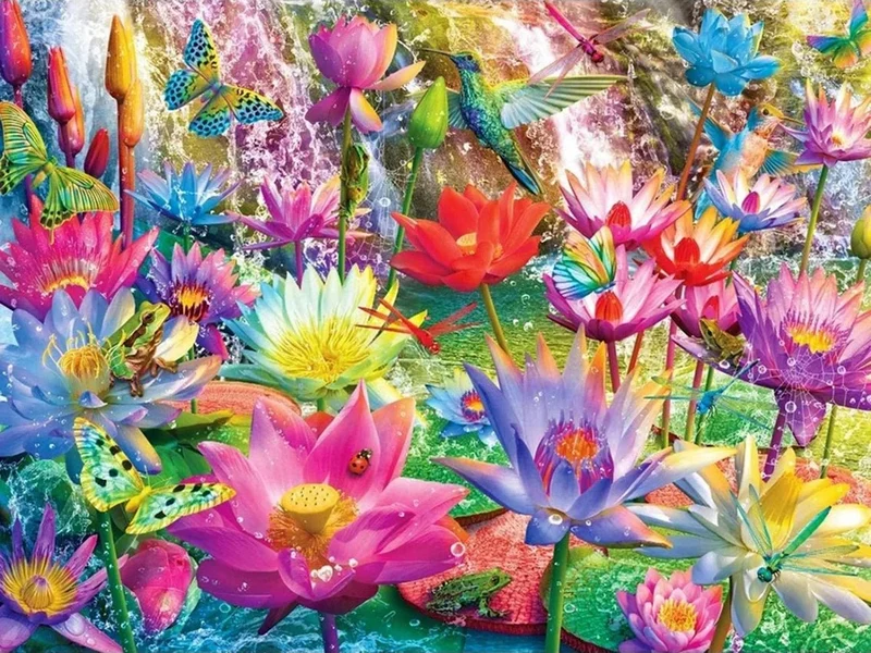 Bunte Seerosen mit vielen Tieren - Voll AB 5D DIY Diamond Painting