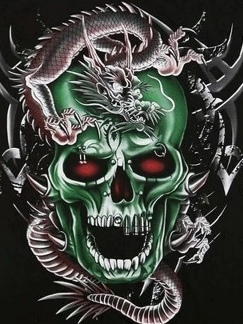 Grüner Schädel mit Drachen - 5D DIY Diamond Painting