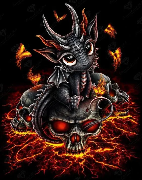 Drache sitzt auf Schädel mit Flammen - 5D DIY Diamond Painting