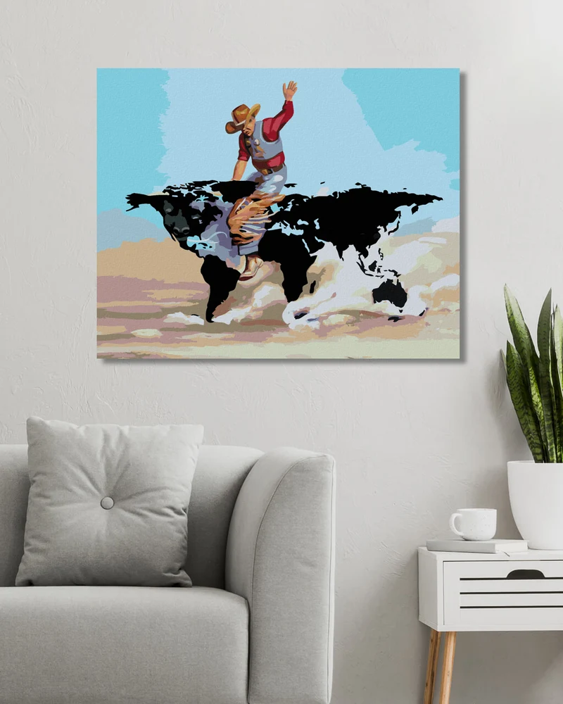 Diamond painting - COWBOY UND STIER ALS WELTKARTE (D. RUSTY RUST)